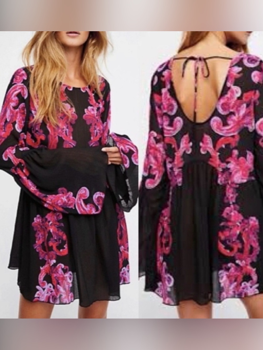 Intimately by Free People Sheer Boho Babydoll Tunic Top Black Pink Floral Small